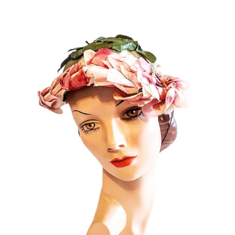 1940s Vintage Green Tilt Style Hat With Large Pink Flowers And Green Leaves